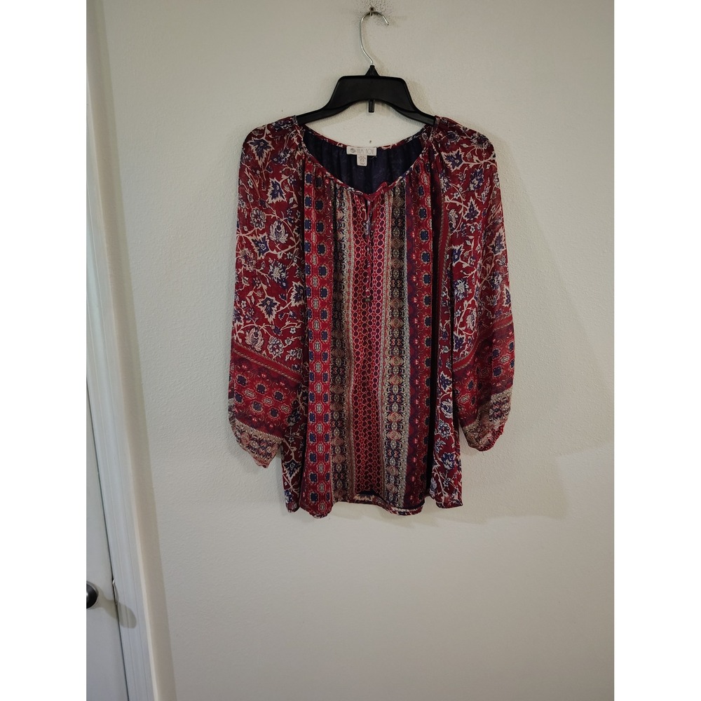 Lila Rose Burgundy Floral Paisley Chiffon Peasant Blouse Womens XL Boho Top